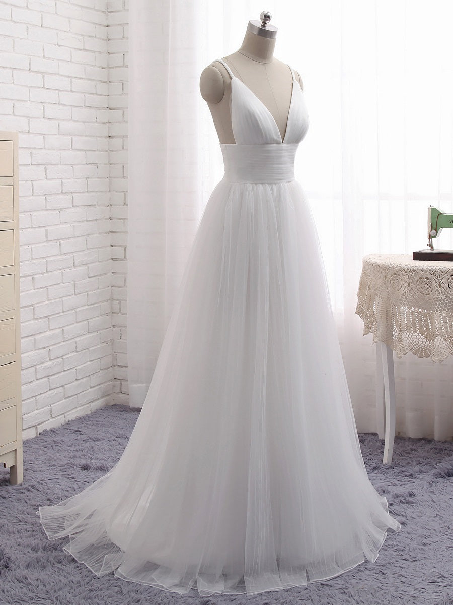 A-line Flowy Romantic Tulle Boho Beach Wedding Dress with Layered Tulle Skirt #21011216