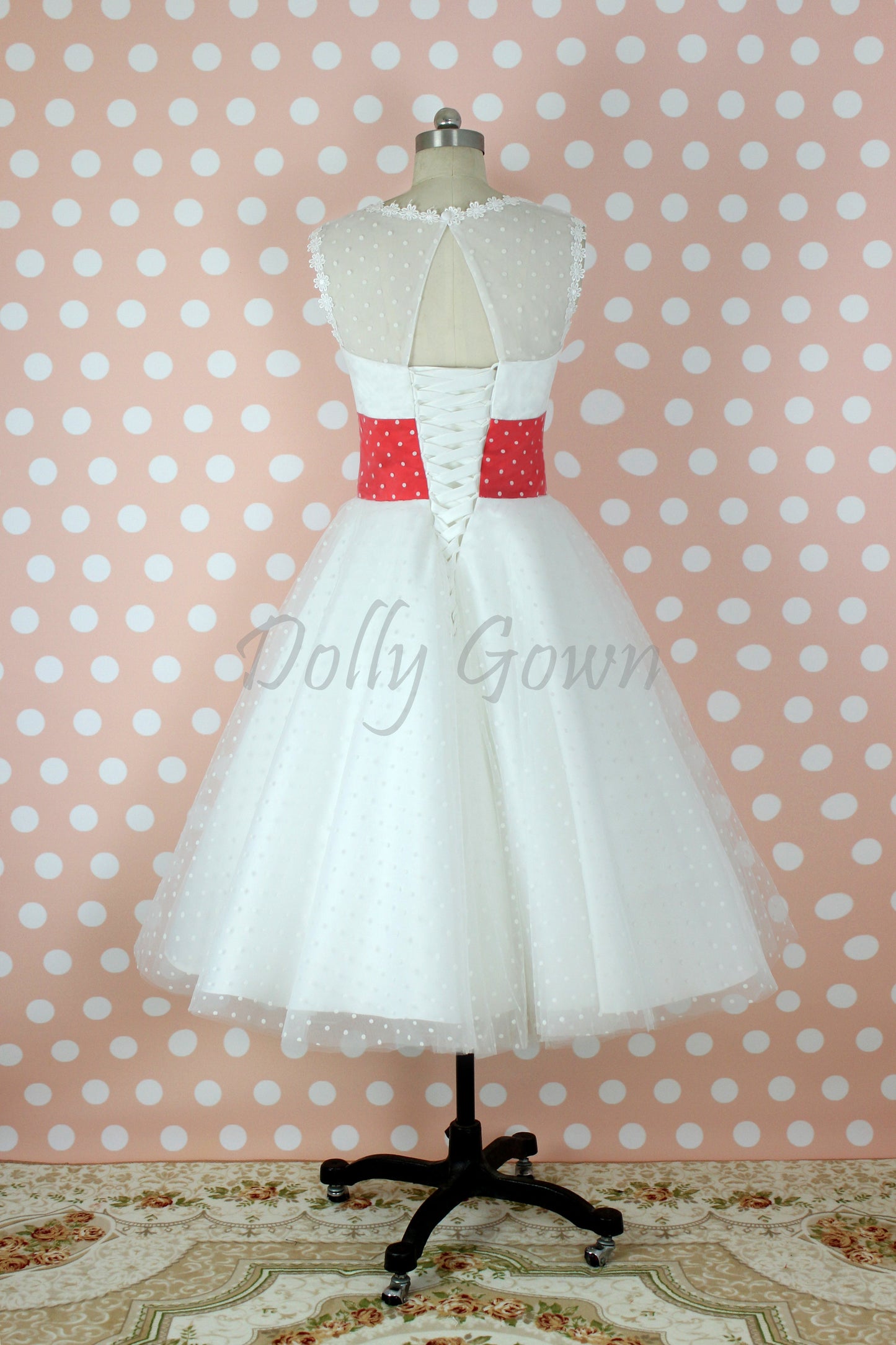 Bateau Polka Dots 50s Style Tea Length Wedding Dress with Red Waist Panel, GDC1521