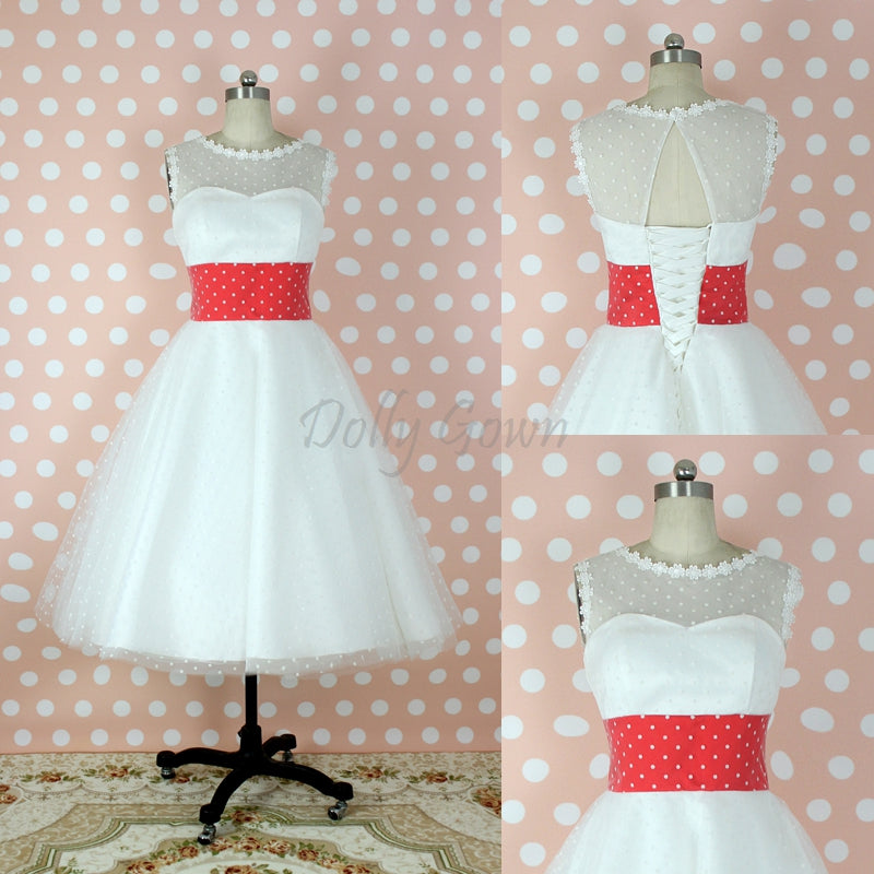Bateau Polka Dots 50s Style Tea Length Wedding Dress with Red Waist Panel, GDC1521
