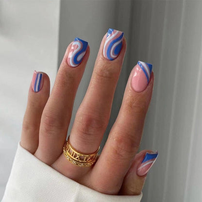 Blue And White Waves French Short Squoval Press On Nails