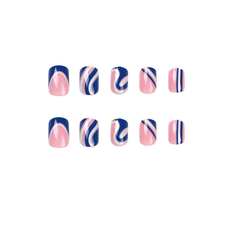 Blue And White Waves French Short Squoval Press On Nails