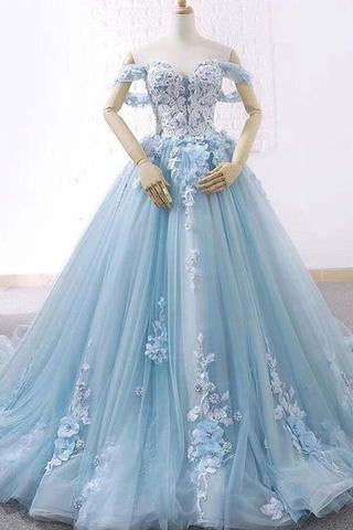 Blue Ball Gown Delicate Florals Prom Gown Long Tulle Prom Dress with Chapel Train,GDC1150