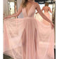 Blush Pink Flowy Side Slits Plunge V neck Sexy Party Prom Dress,GDC1157