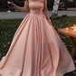 Blush Pink Straight Across Neck A-line Satin Plain Long Prom Dress, Graduation Dance Dress,GDC1340