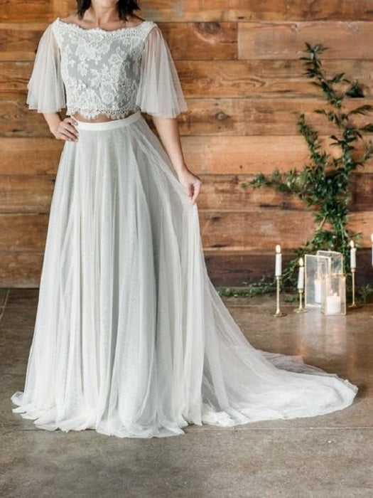 Boho Rustic Crop Top Two Piece Wedding Dress with tulle Skirt,20081503