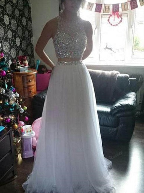White Two Piece Long Tulle Prom Dress,8th grade Formal Dress,20110201