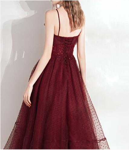 Burgundy Polka Dot Tea Length Prom Dress Wedding Dress