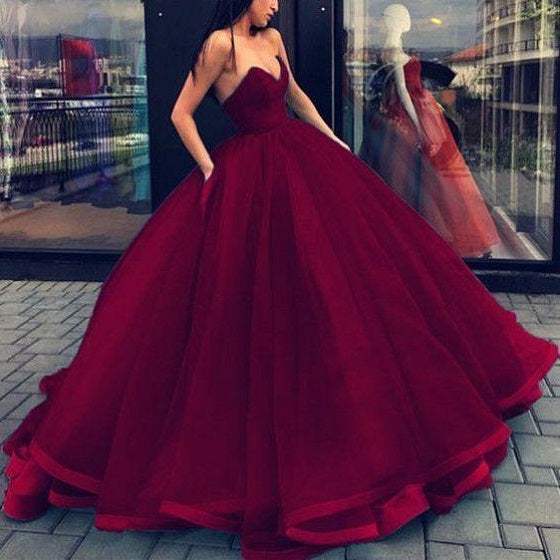 Burgundy Ball Gown Tulle Strapless Prom Dress with Satin Binding Hem,GDC1178