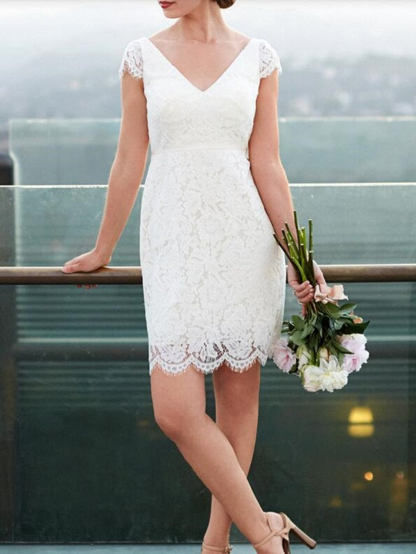 Cap Sleeves Short Wedding Dress Casual Lace Simple Short Bridal Gown,20082003