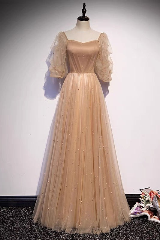 Champagne Flowy Prom Dress with Sleeves , 21121401