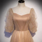 Champagne Flowy Prom Dress with Sleeves , 21121401