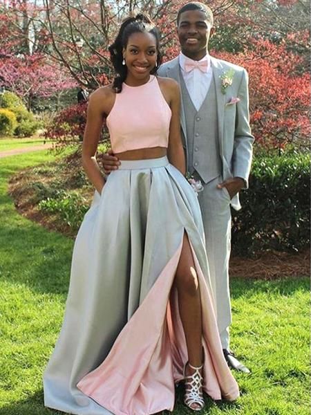 Black Girl Prom Dress Two Piece Prom Dress with Side Slit and Pockets 20081908