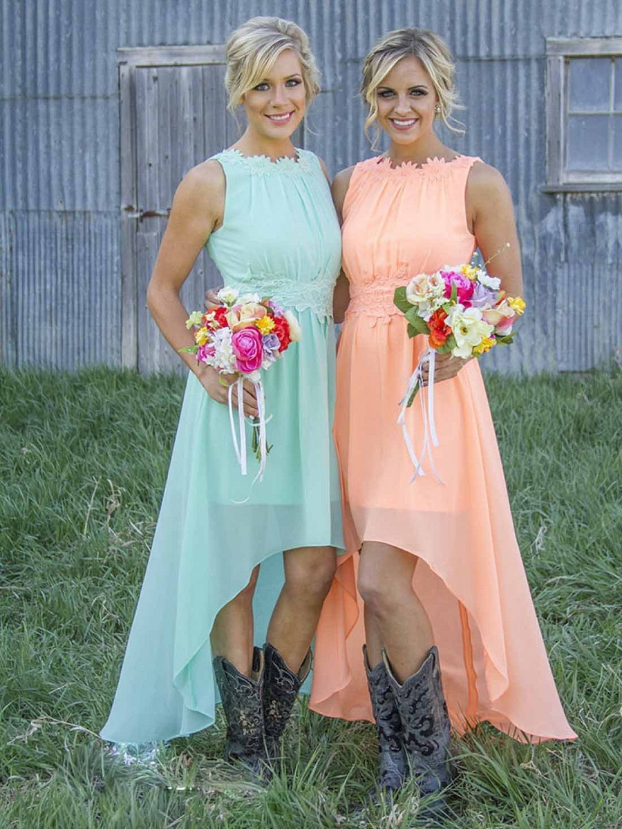 Country Rustic Hi Low Bridesmaid Dresses with Cowboy Boots,FS090