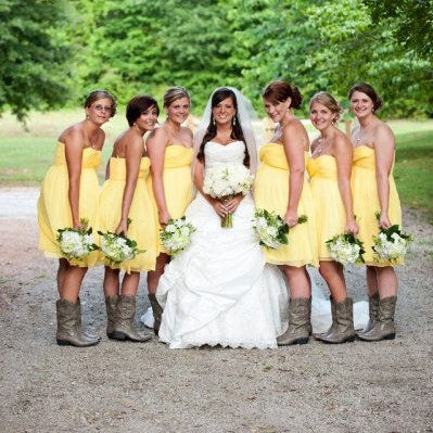 Country Style Summer Short Yellow Strapless Chiffon Bridesmaid Dresses with Cowboy Boots,20081802