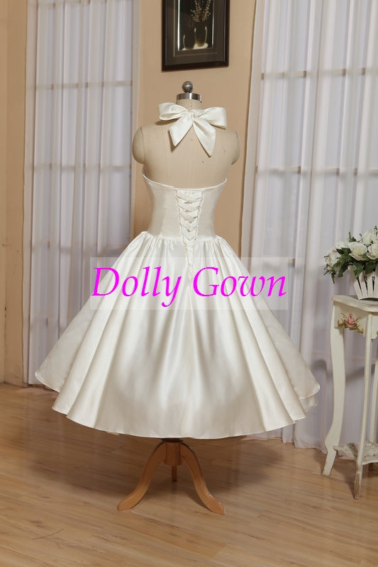 Halter neck Rockabilly tea length wedding dress,1950s Pinup Wedding Gown,Robe De Mariée Courte Pas Cher,20081002