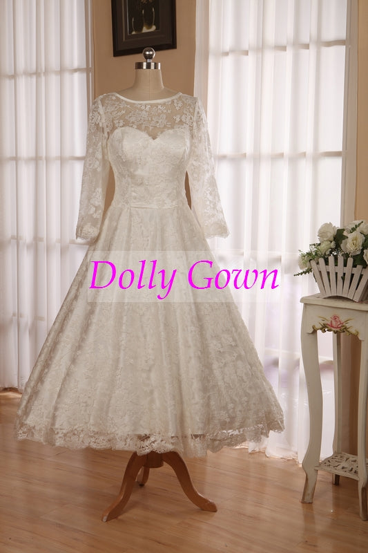 Classic Vintage 1950s Tea Length Lace Wedding Dress with Sleeves,Audrey Hepburn Wedding Dress,DO021