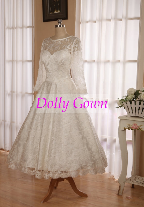 Classic Vintage 1950s Tea Length Lace Wedding Dress with Sleeves,Audrey Hepburn Wedding Dress,DO021