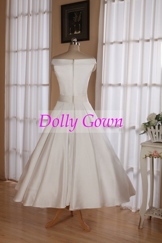 1950's Vintage Style Simple Off Shoulders Tea Length Wedding Dress with Box Pleats Waitline,20072805