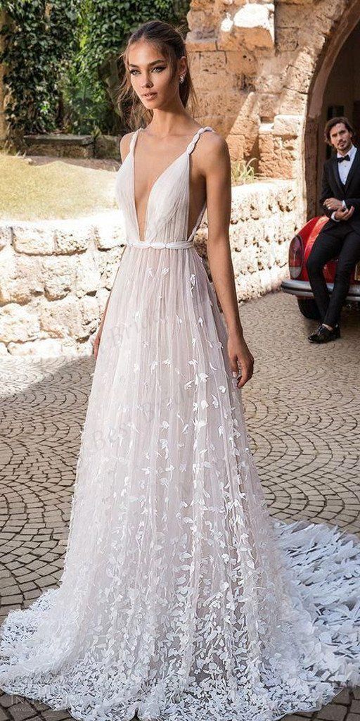 Deep-V Neck 3D Floral Lace Romantic A line Boho Wedding Dress, Robe de mariée,GDC1050