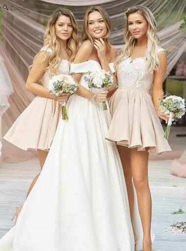 Discount Off Shoulder Blush Pink Short Midi Length Bridesmaid Dresses ,GDC1208