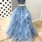 Dusty Blue Two Piece Off Shoulders Ruffles Skirt Prom Dress,Sweet 16 Dress,GDC1292