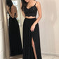 Lace Top Two Piece Black Prom Dress with Slit,Evening Gowns with Slits,20082004