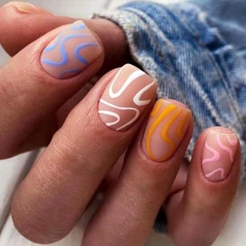 Multicolor Abstract Line Short Squoval Press On Nails