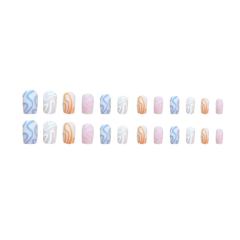 Multicolor Abstract Line Short Squoval Press On Nails