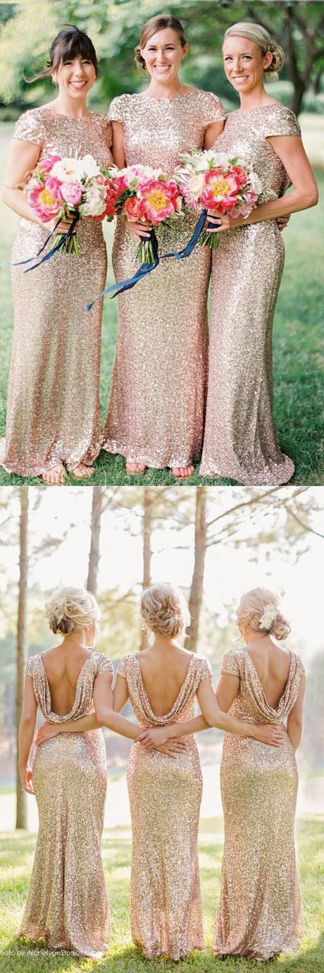 Long Rose Gold Sequin Bridesmaid Dresses Country Style Rustic Bridesmaid Dresses Fs013