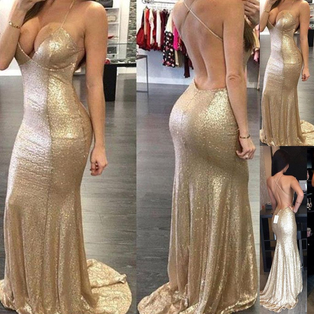 Sexy Prom Dress Backless Prom Dress Gold Sequin Formal Dress Robe De Soirée Dos Nu,Fs039