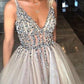 Feminine Plunge V neck See Through Tulle Grey Prom Dress ,GDC1207