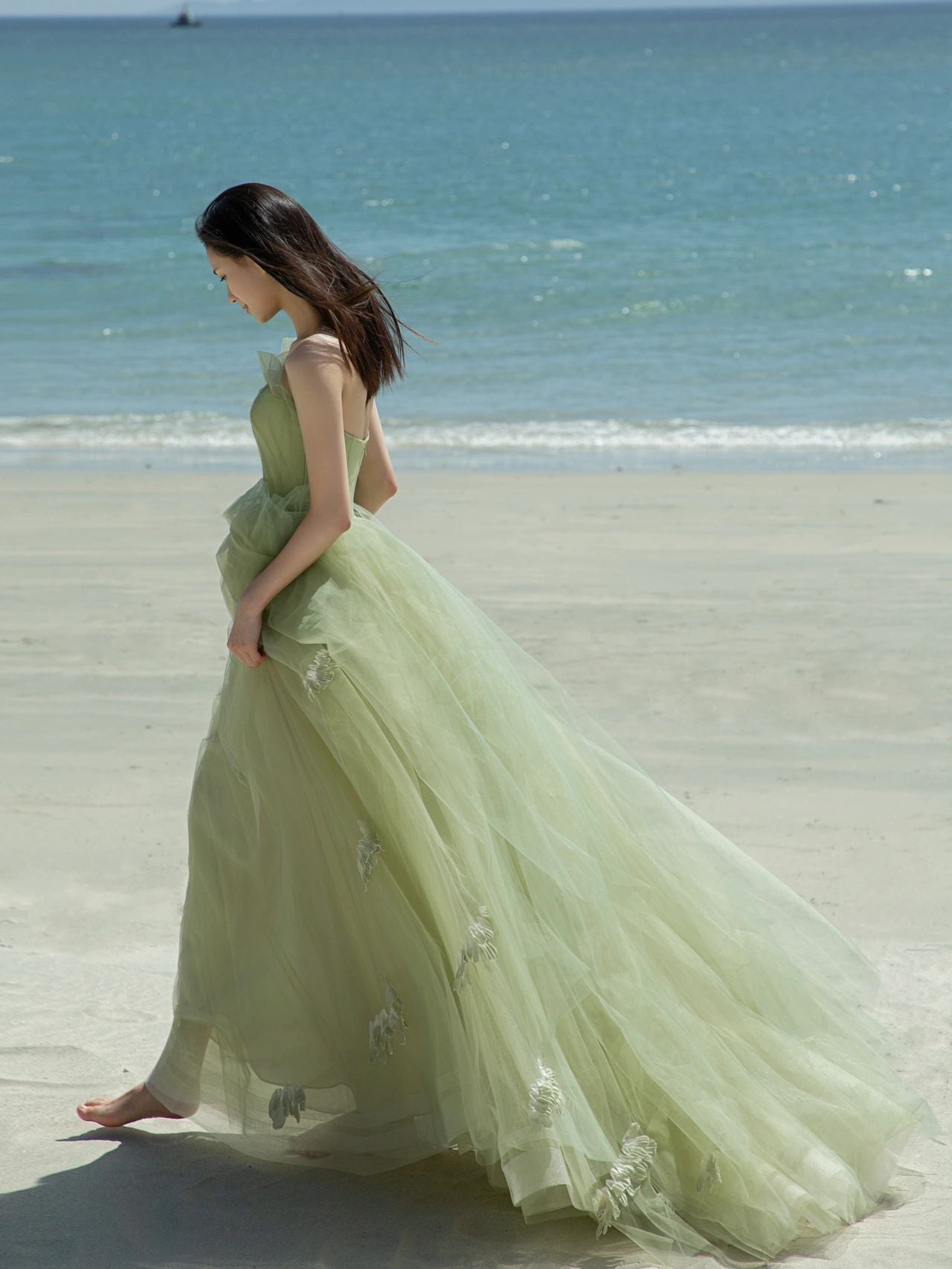 Flowy Sage Green Boho Beach Wedding Dress