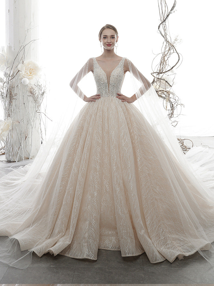 Glitter Light Champagne Plunge V Neck Sleeveless Ball Gown Wedding Dress #21011209