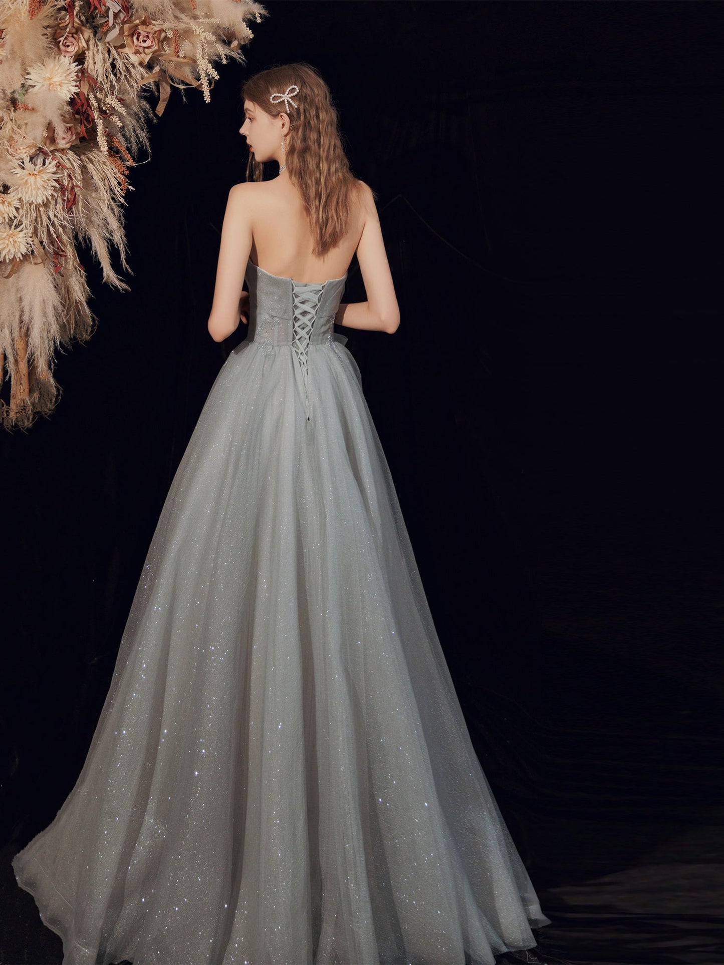 Glitter Strapless Gray Long Prom Dress