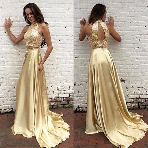 Gold Open Back Two Piece Prom Dress Black Girl Slays #21042002