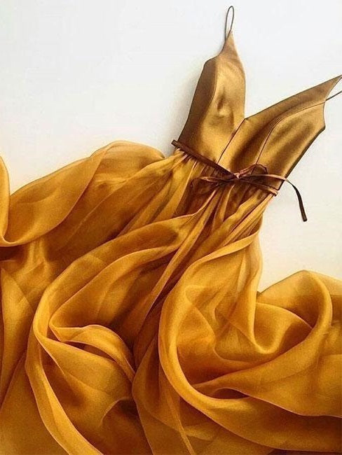 Gold Prom Dress Long Organza Spaghetti Straps Party Evening Dress,GDC1107