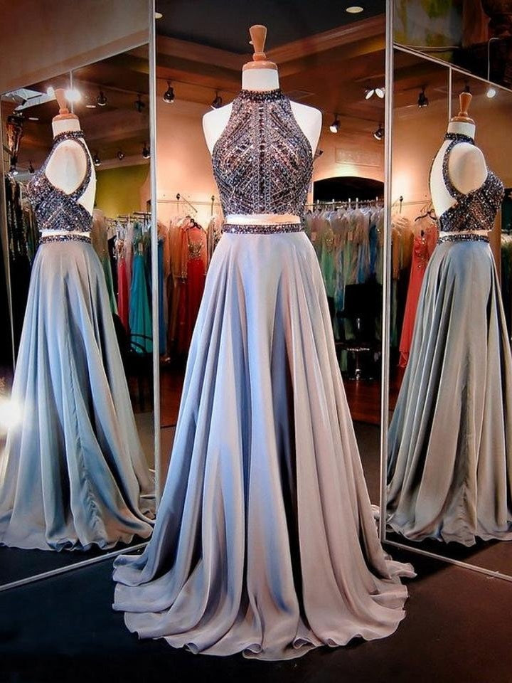Gray Two Piece Long Prom Dress with Sparkly Beading,MA163
