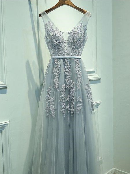 Grey Prom Dress,Long V-Neck A line Lace Tulle Cheap Prom Dress,Evening Dress,201707204