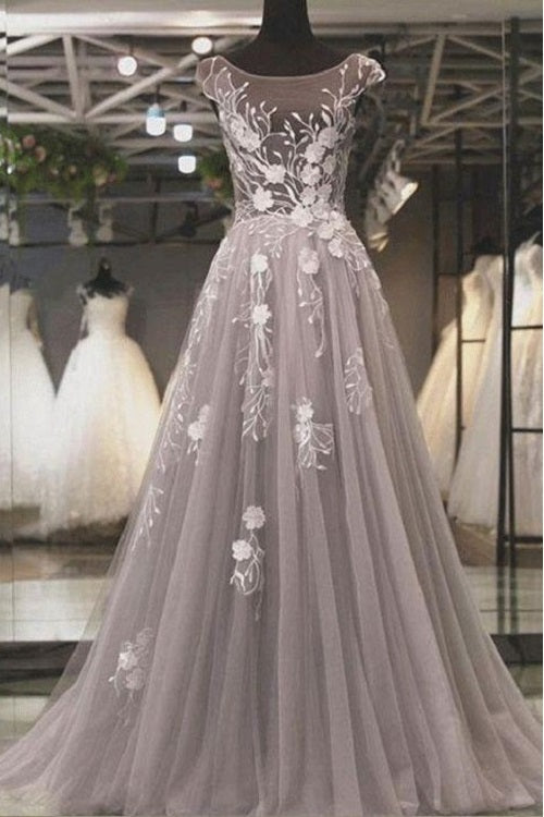 Grey Jewel Neck Cap Sleeves A-line Prom Dress,Robe de Bal,GDC1338