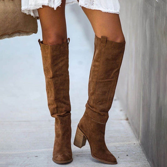 Women Suede Knee High Boots Ladies Solid Pointed Toe Tall Boots Retro Roman High Heels Shoes 2022 Female Autumn Winter Long Boot - ladieskits - Boot