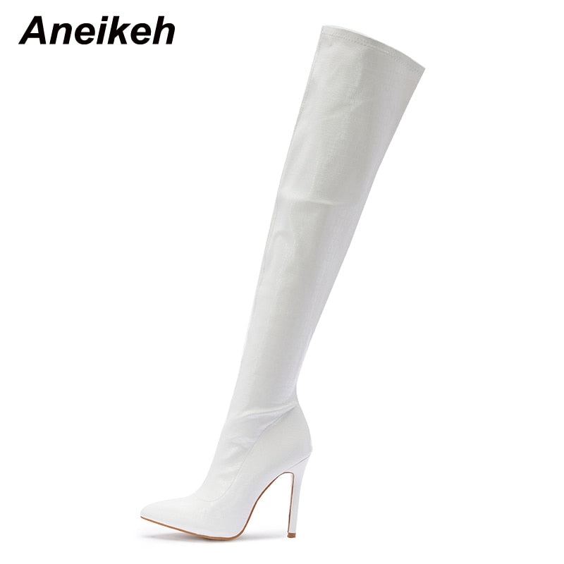 NEW  Fashion Striped 11CM Thin Heels Ladies  Boots 2023 Spring Sexy Over-the-Knee Side Zipper Slip-On Pointed Toe  Shoes - ladieskits - boot