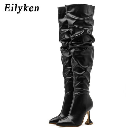 Eilyken New Design Pleated Leather Over The Knee Boots Fashion Runway Strange High Heels Sexy Pointed Toe Zip Womans Shoes - ladieskits - Boot