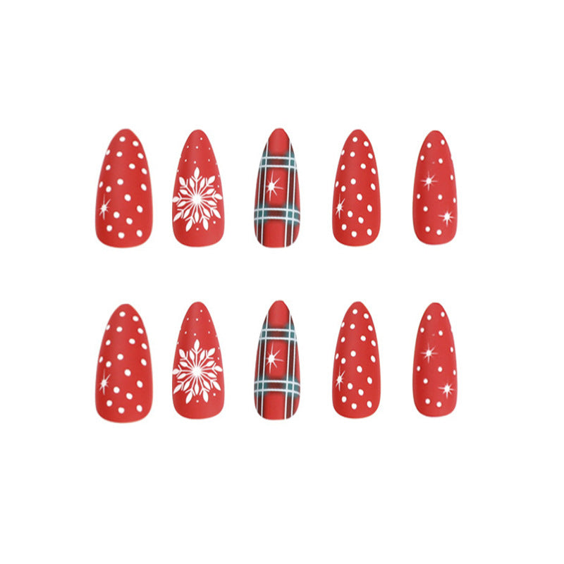 Christmas Snowflake Red Medium Almond Press On Nails
