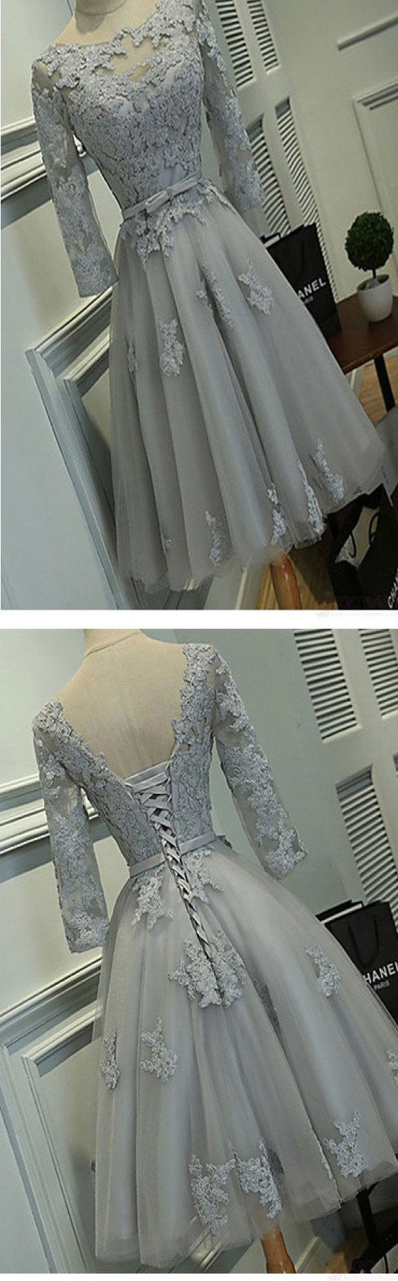 Grey Prom Dress,Short Homecoming Dress,Long Sleeve Prom Dress,Vintage Prom Dress,SSD003