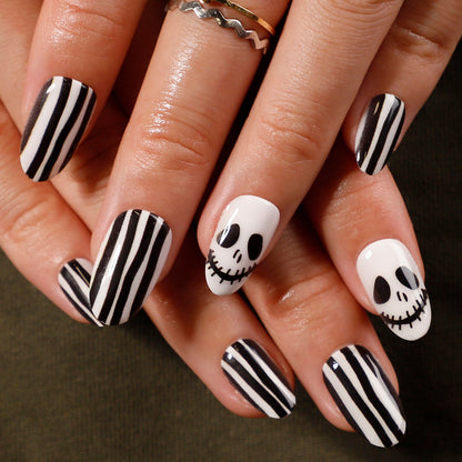 Halloween Skull Stripe Short Oval Press On Nails