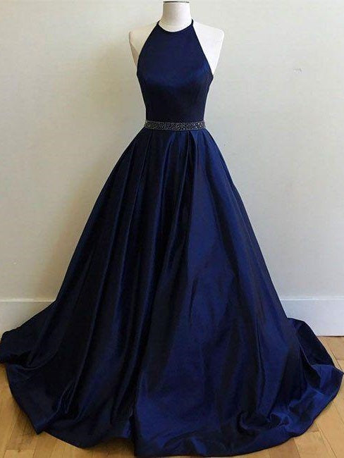 Halter Satin Poofy Navy Blue Ball Gown Prom Dress with beading waist,GDC1199