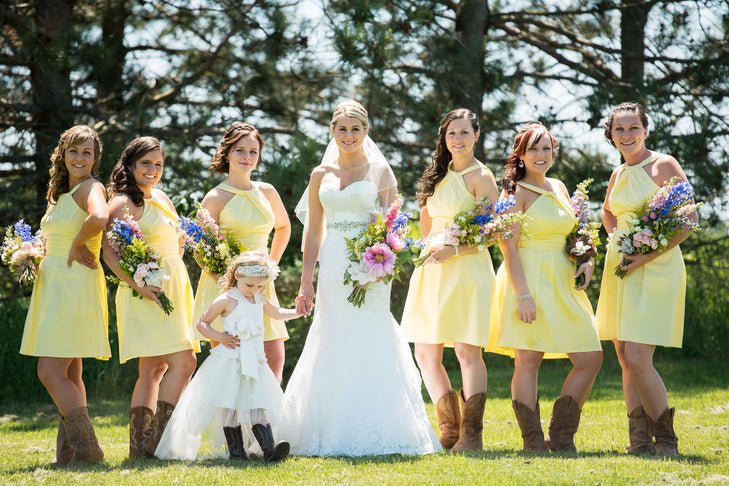 Halter Yellow Mini Short Length Satin  Rustic Country Bridesmaid Dresses with Cowboy Boots,GDC1507
