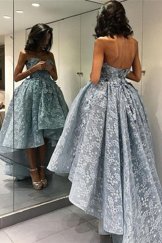 Hi-Lo Prom Dress,Dusty Blue Prom Dress,Strapless Prom Gown,Robe De Cocktail,MA006