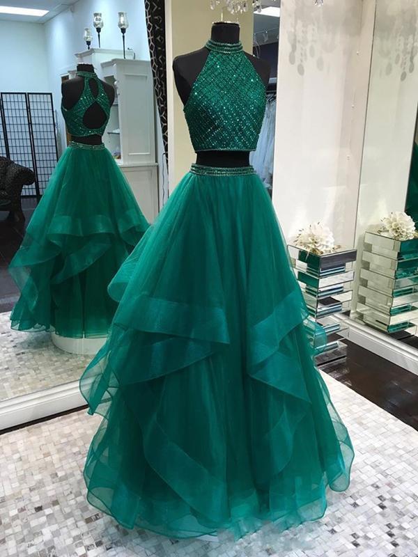 Illusion Two Piece Long Hunter Green Prom Dress with Delicate Beading Top ,GDC1108