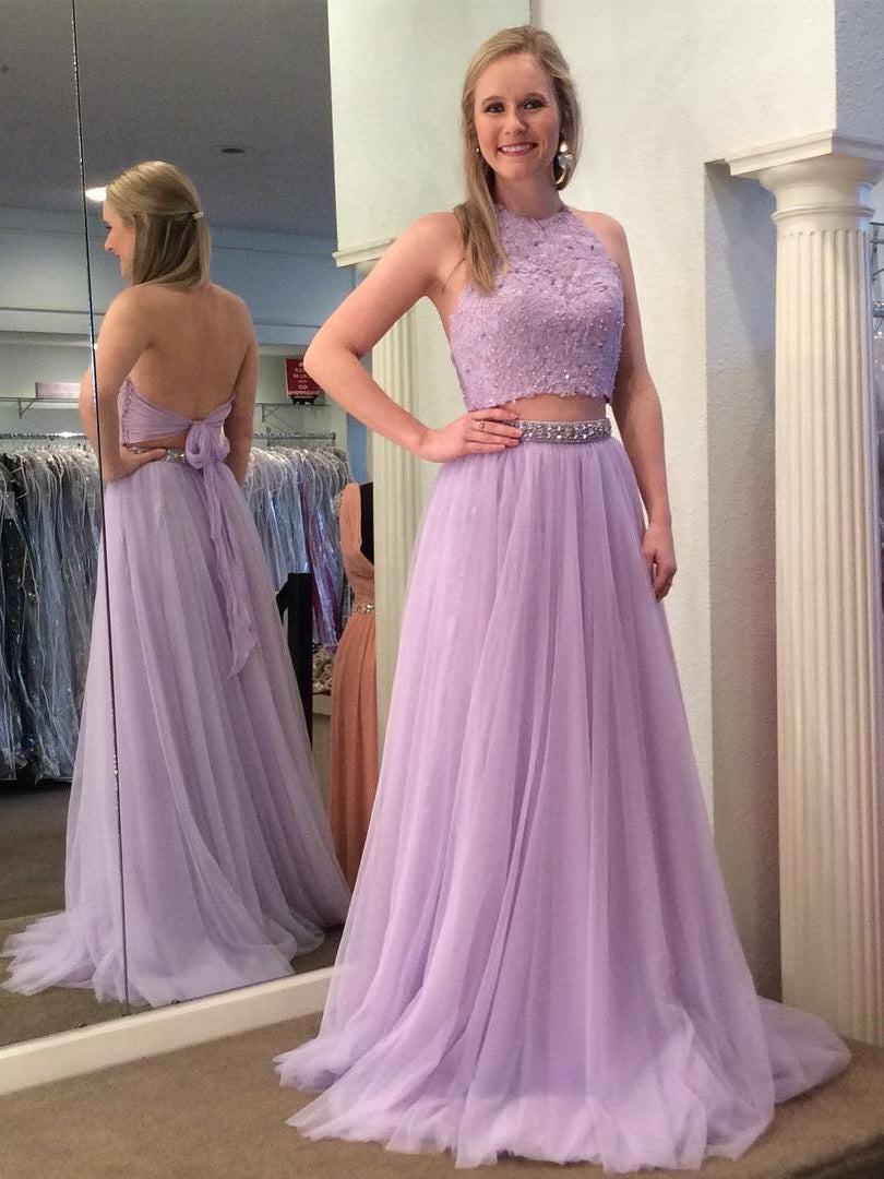 Lavender Two Piece Halter Prom Dress 2 Piece Graduation Dress#21042001
